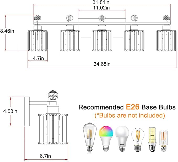 Lxybcce Bathroom Vanity Lights Over Mirror - Easy Installation with Clear Guide, 5-Light Shadow-Free Design, Black and Gold Crystal Finish - for Modern Home Bathroom Lighting Fixtures in DIY Projects