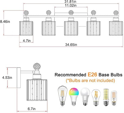 Lxybcce Bathroom Vanity Lights Over Mirror - Easy Installation with Clear Guide, 5-Light Shadow-Free Design, Black and Gold Crystal Finish - for Modern Home Bathroom Lighting Fixtures in DIY Projects