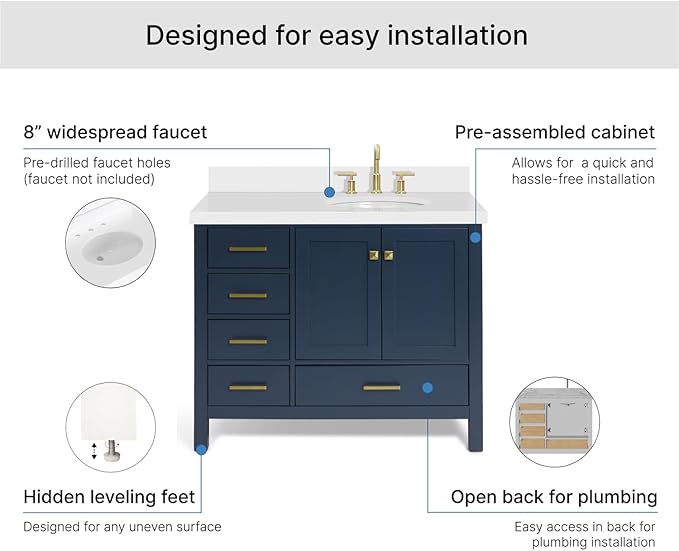 ARIEL Cambridge 42-inch Bathroom Vanity with Sink,Solid Wood, 1.5-inch Pure White Quartz Countertop & Backsplash, Single Oval Porcelain Sink, 2 Soft Closing Doors, 5 Dovetail Drawers, Midnight Blue
