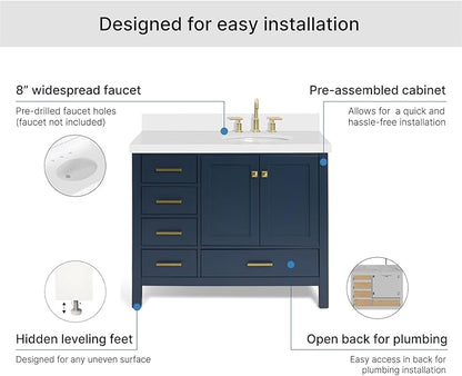 ARIEL Cambridge 42-inch Bathroom Vanity with Sink,Solid Wood, 1.5-inch Pure White Quartz Countertop & Backsplash, Single Oval Porcelain Sink, 2 Soft Closing Doors, 5 Dovetail Drawers, Midnight Blue