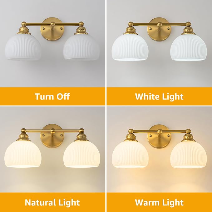 Bathroom Vanity Light Fixtures 2 Light Modern Bathroom Lights over Mirror | Vintage Gold Antique Restroom Light Fixture with Milk White Glass Shade for Bathroom, Bedroom E26 Base