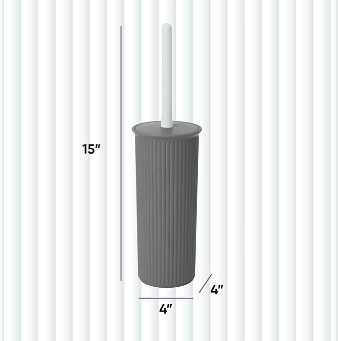 Superio Ribbed Collection Toilet Bowl Brush and Holder Set, Decorative Plastic Bathroom Toilet Brush with Holder, Toilet Cleaner Scrubber, Gray - 1 Pack