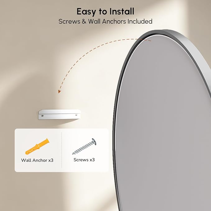 Brushed Nickel Oval Bathroom Mirror 24x36 Inch | Silver Vanity Mirror, Crystal-Clear HD Glass, Rust-Proof Aluminum Frame, Inner-Curved Decor for Bedroom, Entryway Renovation
