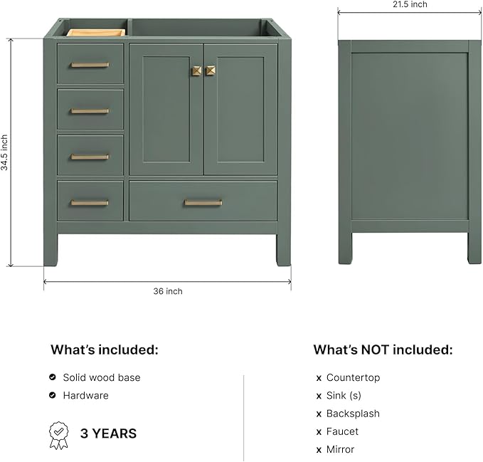 ARIEL Cambridge 36-inch Bathroom Vanity Base Cabinet,Solid Wood, 2 Soft Closing Doors, 5 Dovetail Drawers, Vintage Green