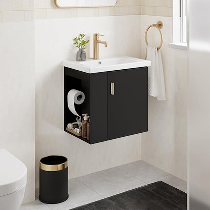 phiestina Pre-Assembled 20 Inch Floating Bathroom Vanity for Small Space, Wall-Mounted Black Cabinet with Ceramic Sink, Soft-Close Door, Left Side Storage, No Faucet,BV04-20-PUREBLACK-PLUS