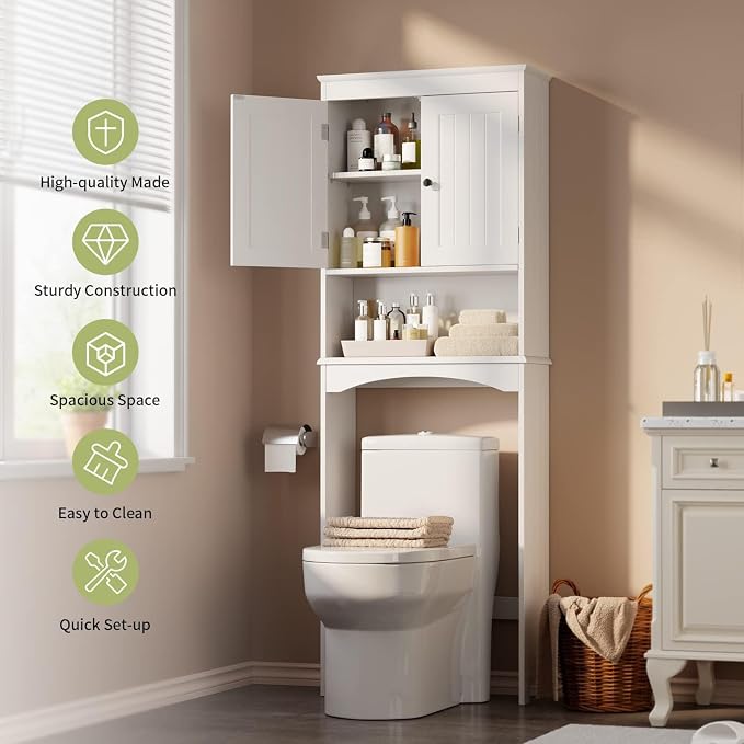 Gizoon Over the Toilet Storage Cabinet with Adjustable Shelf, White | Bathroom Space Saver Organizer Above Toilet with Open Shelf and Double Doors, Taller Wooden Free Standing Toilet Rack