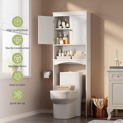 Gizoon Over the Toilet Storage Cabinet with Adjustable Shelf, White | Bathroom Space Saver Organizer Above Toilet with Open Shelf and Double Doors, Taller Wooden Free Standing Toilet Rack