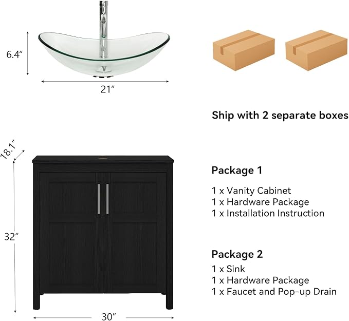 YOURLITE 30 Inches Traditional Bathroom Vanity Set with Single Faucet Hole, Clear Boat Glass Sink, Black Finish, 2-Door Cabinet
