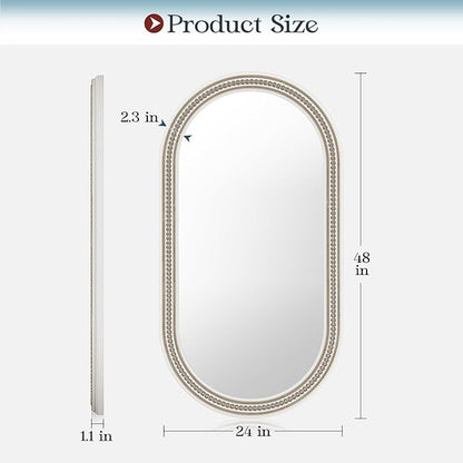 Farmhouse Boho Beaded Oval Arched Wall Mirror, 24" x 48" Rustic Wooden Large Wall Mirror for Bathroom, Bedroom, Entryway, Living Room, Hang Horizontally or Vertically.