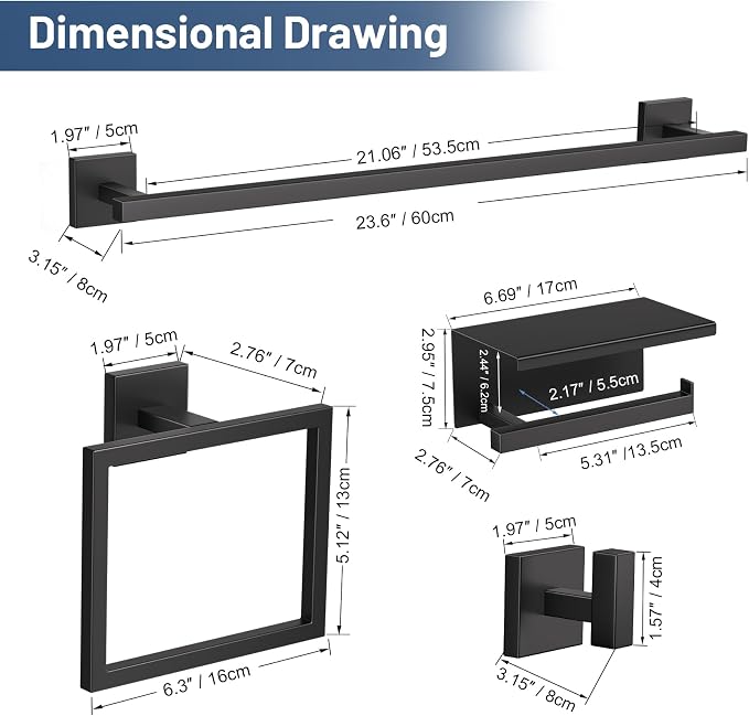 TURS 5-Pieces Matte Black Bathroom Hardware Accessories Set 23.6" Towel Bar Set Wall Mounted Square Toilet Paper Holder with Shelf Stainless Steel