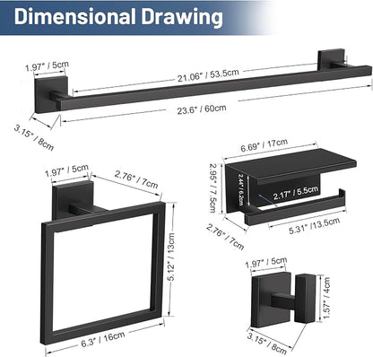 TURS 5-Pieces Matte Black Bathroom Hardware Accessories Set 23.6" Towel Bar Set Wall Mounted Square Toilet Paper Holder with Shelf Stainless Steel