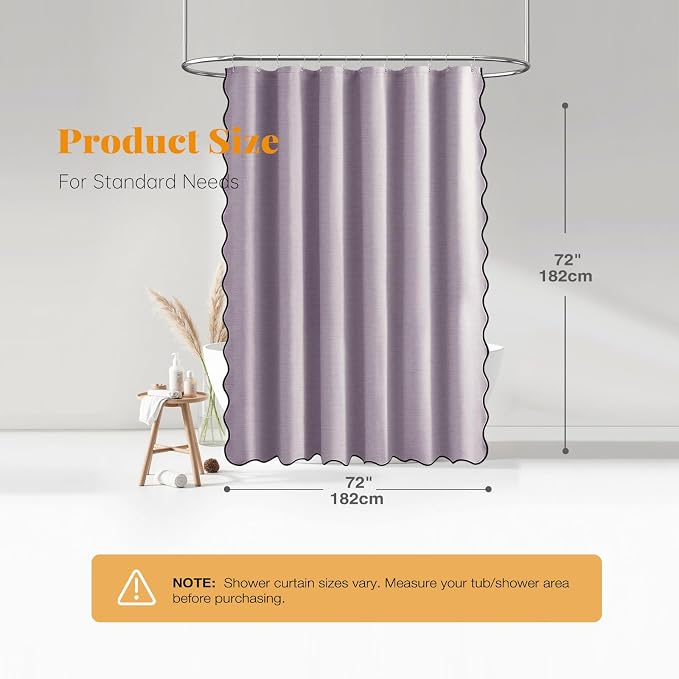 BTTN Lavender Boho Scalloped Linen Textured Cloth Shower Curtain Set, 72x72 | 230GSM Waterproof Polyester, Heavy Duty Fabric, 12 Plastic Hooks, Modern Farmhouse Style, Machine Washable, Bathroom Decor