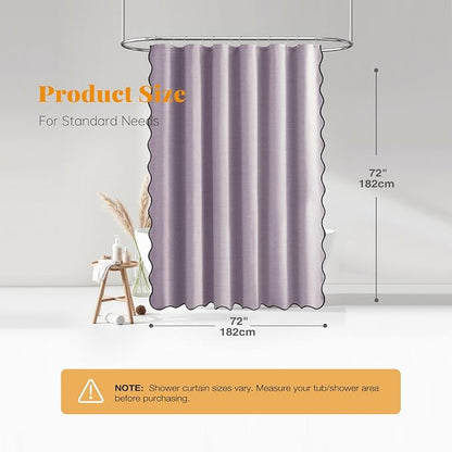 BTTN Lavender Boho Scalloped Linen Textured Cloth Shower Curtain Set, 72x72 | 230GSM Waterproof Polyester, Heavy Duty Fabric, 12 Plastic Hooks, Modern Farmhouse Style, Machine Washable, Bathroom Decor