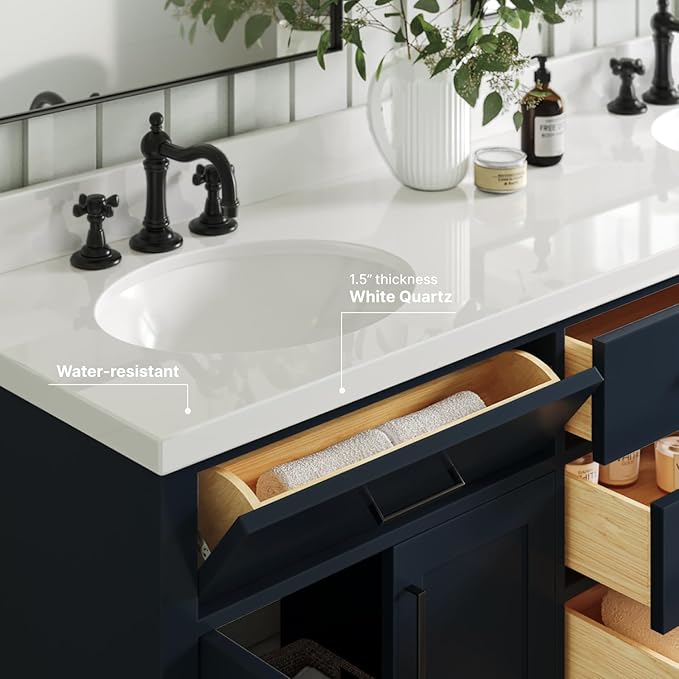ARIEL Hepburn 72-inch Bathroom Vanity with Sink,Solid Wood, 1.5-inch Pure White Quartz Countertop & Backsplash, Double Oval Porcelain Sink, 4 Soft Closing Doors, 6 Dovetail Drawers, Midnight Blue