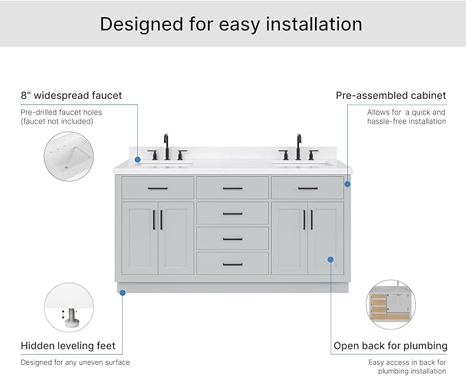 ARIEL Hepburn 66-inch Bathroom Vanity with Sink,Solid Wood, 1.5-inch Carrara White Quartz Countertop & Backsplash, Double Rectangular Porcelain Sink, 4 Soft Closing Doors, 6 Dovetail Drawers, Grey