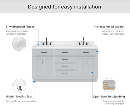 ARIEL Hepburn 66-inch Bathroom Vanity with Sink,Solid Wood, 1.5-inch Carrara White Quartz Countertop & Backsplash, Double Rectangular Porcelain Sink, 4 Soft Closing Doors, 6 Dovetail Drawers, Grey