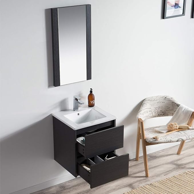 Blossom Single Bathroom Vanity with Ceramic Sink | All Wood Floating Vanity Cabinet | 2 Soft-Closing U-Shaped Cutout Drawers | 20" w/Ceramic Sink, Silver Grey