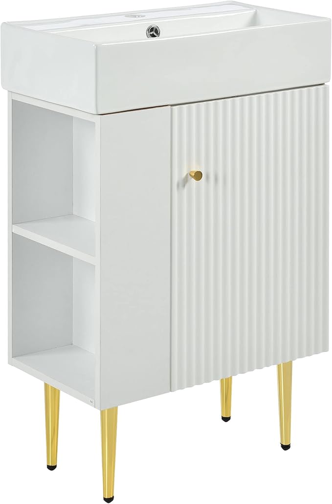 Merax 21.6" Single Sink Bathroom Vanity, Freestanding Bathroom Vanity with Open Shlef, Wood Bathroom Cabinet with Ceramic Basin Sink Top, White
