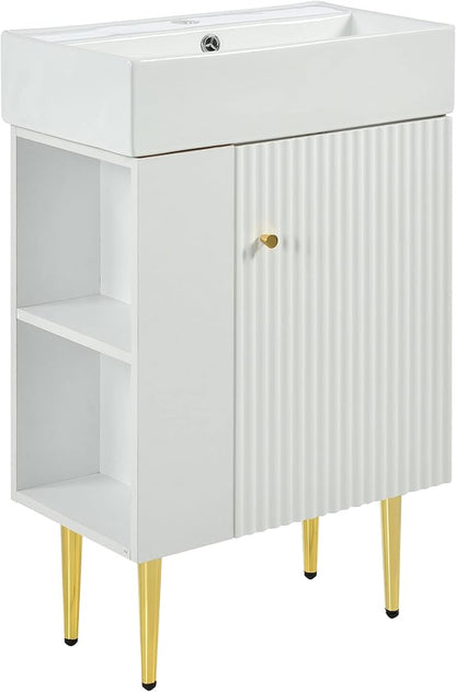 Merax 21.6" Single Sink Bathroom Vanity, Freestanding Bathroom Vanity with Open Shlef, Wood Bathroom Cabinet with Ceramic Basin Sink Top, White