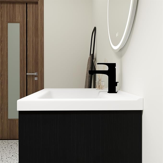 Henf Bathroom Vanity, 24 Inch, Wall Mount, Modern, Black, Ceramic Countertop, Double Doors, Floating, Gold Handle