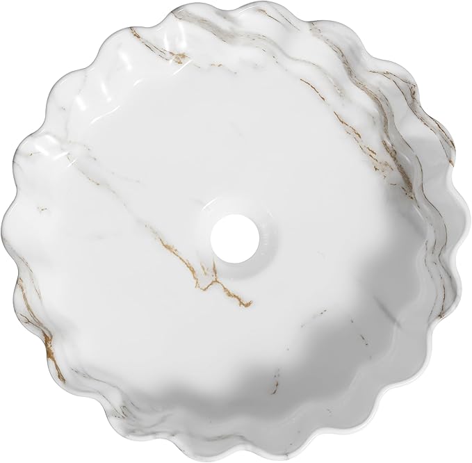 JONATHAN Y SNK1005C 15" Round Bathroom Vessel Sink, Art Deco Scallop Above Counter Vanity Sink, White Marble Finish Ceramic Basin for Modern Powder Room and Lavatory