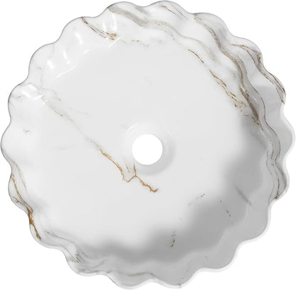 JONATHAN Y SNK1005C 15" Round Bathroom Vessel Sink, Art Deco Scallop Above Counter Vanity Sink, White Marble Finish Ceramic Basin for Modern Powder Room and Lavatory
