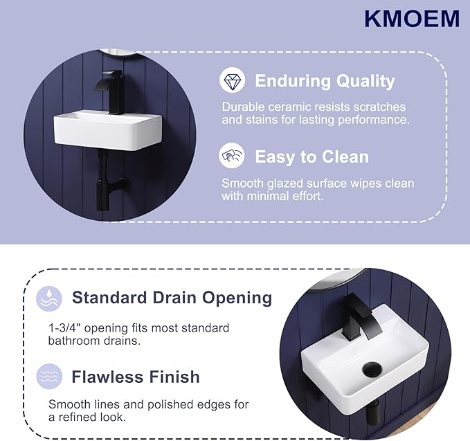 Small Wall Mount Bathroom Vessel Sink 14"x10" Rectangular Floating White Porcelain Ceramic Wall Hung Vanity Basin Sink for Tiny Home,RV,Bathroom