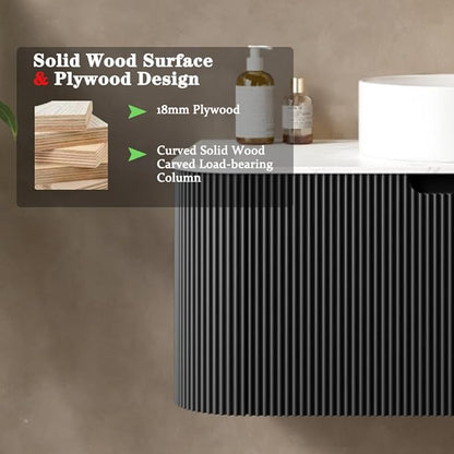24'' Bathroom Vanities Cabinet with Sink Combo, Wall Mounted Floating Cabinet W/Curved Edges Stripes, Oak Plywood, Soft-Close System with a Drawer, White Round Ceramic Basin - Kiel, Black