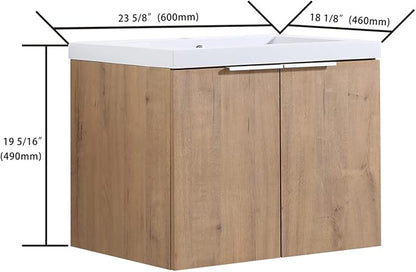 SSLine Wall Mounted Bathroom Vanity with Sink Combo Modern 24-Inch Single Bathroom Vanity Set with Top Basin &Storage Cabinet Wood Hanging Bath Cabinet w/Resin Sink for Small Space(Brown)