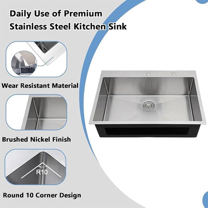 VAPSINT 33x22 Drop In Kitchen Sink, 33 Inch Stainless Steel Top Mount Single Bowl Sink for Kitchen, Overmount Handmade 16 Gauge Brushed Nickel RV Laundry Prep Sinks with Drain