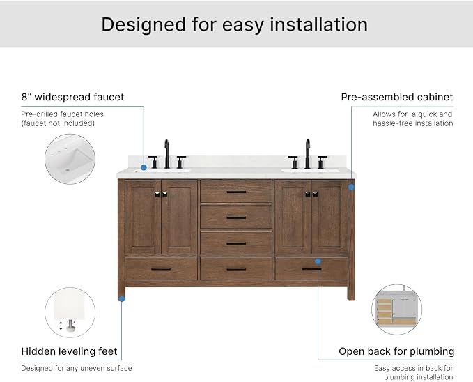 ARIEL Cambridge 66-inch Bathroom Vanity with Sink,Solid Wood, 1.5-inch Carrara White Quartz Countertop, Double Rectangular Porcelain Sink, 4 Soft Closing Doors, 6 Dovetail Drawers, Brown Oak