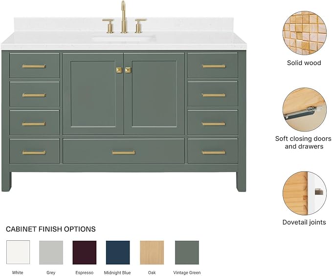 ARIEL Cambridge 60-inch Bathroom Vanity with Sink,Solid Wood, 1.5-inch Carrara White Quartz Countertop, Single Rectangular Porcelain Sink, 2 Soft Closing Doors, 9 Dovetail Drawers, Vintage Green