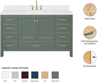 ARIEL Cambridge 60-inch Bathroom Vanity with Sink,Solid Wood, 1.5-inch Carrara White Quartz Countertop, Single Rectangular Porcelain Sink, 2 Soft Closing Doors, 9 Dovetail Drawers, Vintage Green