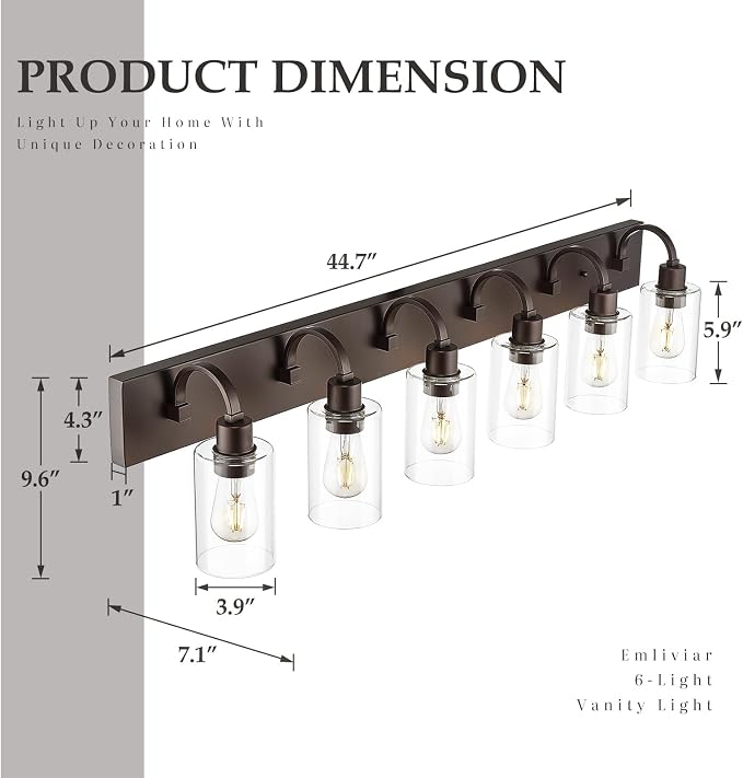 Emliviar 44.7 Inch Large Vanity Light for Bathroom, 6 Light Farmhouse Sconces Wall Lighting Over Mirror with Clear Glass, Oil Rubbed Bronze Finish, YCE237B-6W ORB