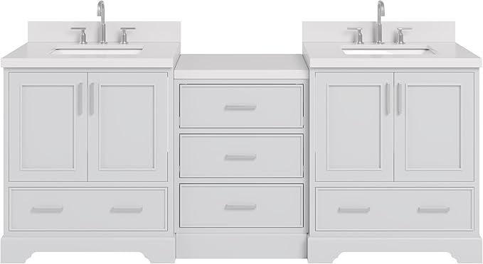 ARIEL Stafford 84-inch Bathroom Vanity with Sink,Solid Wood, 1.5in Pure White Quartz Countertop & Backsplash, Double Rectangular Porcelain Sink, 4 Soft Closing Doors, 5 Dovetail Drawers, Grey