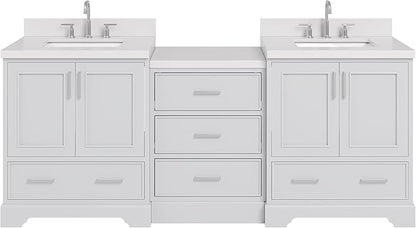 ARIEL Stafford 84-inch Bathroom Vanity with Sink,Solid Wood, 1.5in Pure White Quartz Countertop & Backsplash, Double Rectangular Porcelain Sink, 4 Soft Closing Doors, 5 Dovetail Drawers, Grey