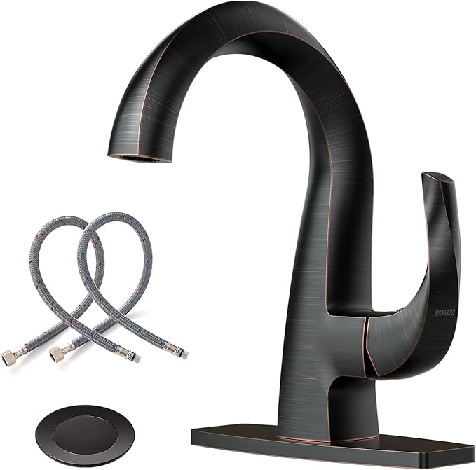 WOWOW Single Handle Bathroom Faucet 1 Hole High Arc Bathroom Basin Oiled Rubbed Bronze with Pop Up Drain, Solid Brass Commercial Bathroom Sink Faucet Basin Vanity Bar Faucet (Patented Product)