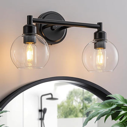 Bathroom Light Fixtures,2-Light Modern Bathroom Vanity Light,Black Wall Sconce with Clear Glass Globe Shades,Wall Lights Over Mirror for Kitchen,Bedroom,Hallway,Living Room