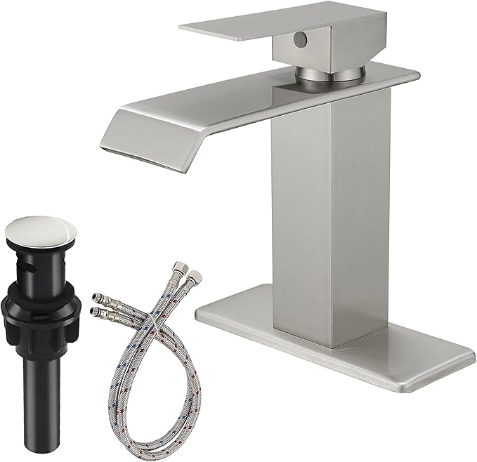 Brushed Nickel Waterfall Bathroom Faucet 1 Hole Deck Mount, Single Handle Bathroom Sink Faucet Modern Lavatory Single Hole Vanity Mixer Tap Commercial with Pop Up Drain