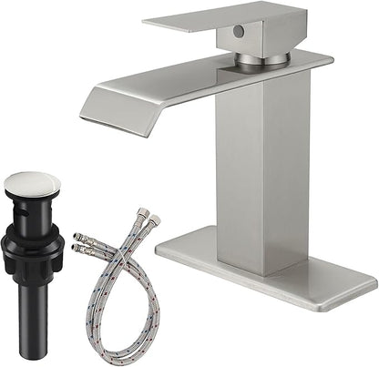 Brushed Nickel Waterfall Bathroom Faucet 1 Hole Deck Mount, Single Handle Bathroom Sink Faucet Modern Lavatory Single Hole Vanity Mixer Tap Commercial with Pop Up Drain
