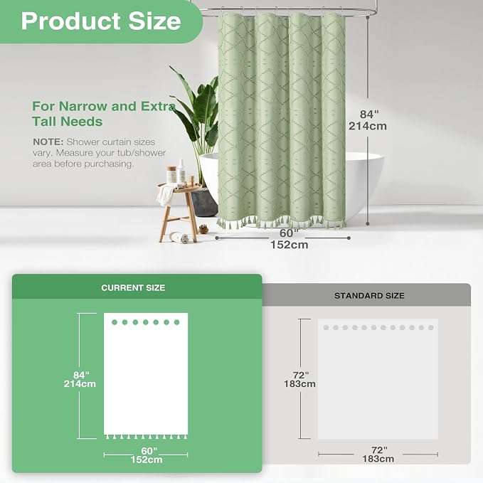 Stall Boho Shower Curtain Tufted Geometric 60"x84" Sage Green | 60 x 84 inch Long, Elegant Tassel, Lightweight Textured Fabric, Water Repellent, Washable, for Narrow Bathroom/Dorm 10 Hooks