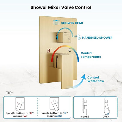 gotonovo Rainfall Bathroom Shower System Rain Shower Head and Handle Set Wall Mounted Shower Complete Combo Solid Brass Pressure Balancing Shower Mixer Valve 12 Inch Brushed Gold