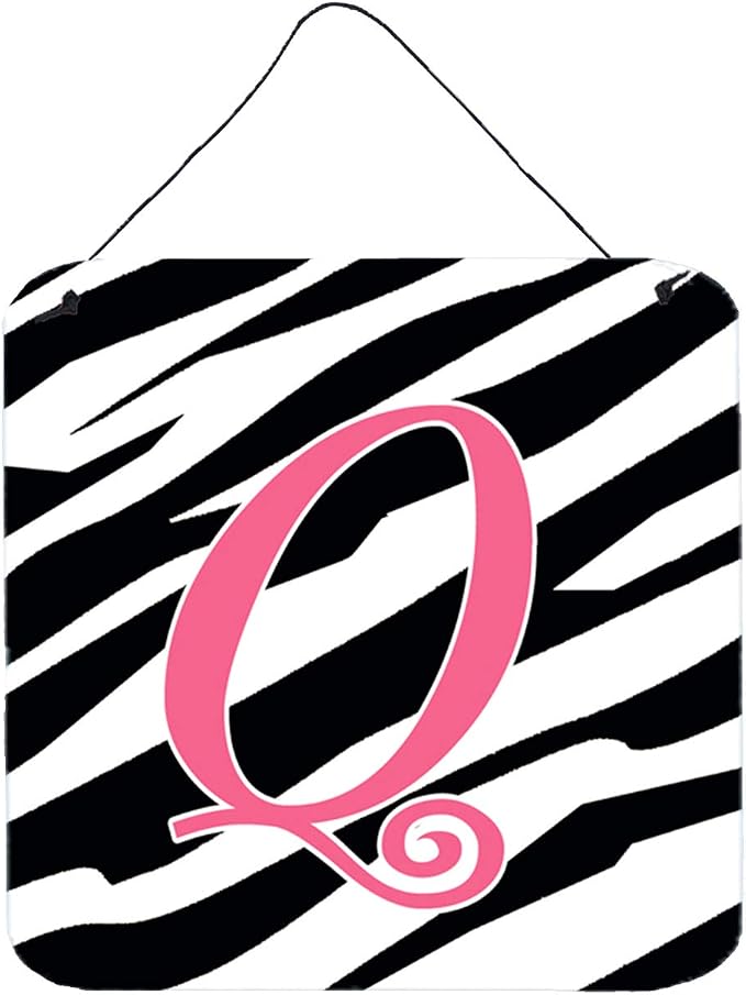 Caroline's Treasures CJ1037-QDS66 Letter Q Initial Zebra Stripe and Pink Wall or Door Hanging Prints Aluminum Metal Sign Kitchen Wall Bar Bathroom Plaque Home Decor, 6x6, Multicolor