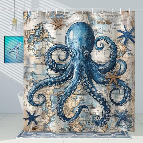 Octopus Shower Curtain for Bathroom, Funny Ocean Vintage Nautical Shower Curtains, Coastal Map Waterproof Fabric Shower Curtain Set with 12 Hooks, Retro 72 x 72 Inch