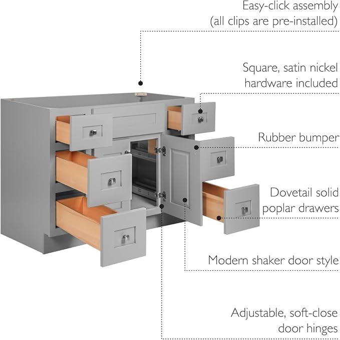Design House Brookings Bathroom Vanity, 48", Gray | Adjustable Hinges, Freestanding, Contemporary/Modern, Wood, Bath, 599001-GRY