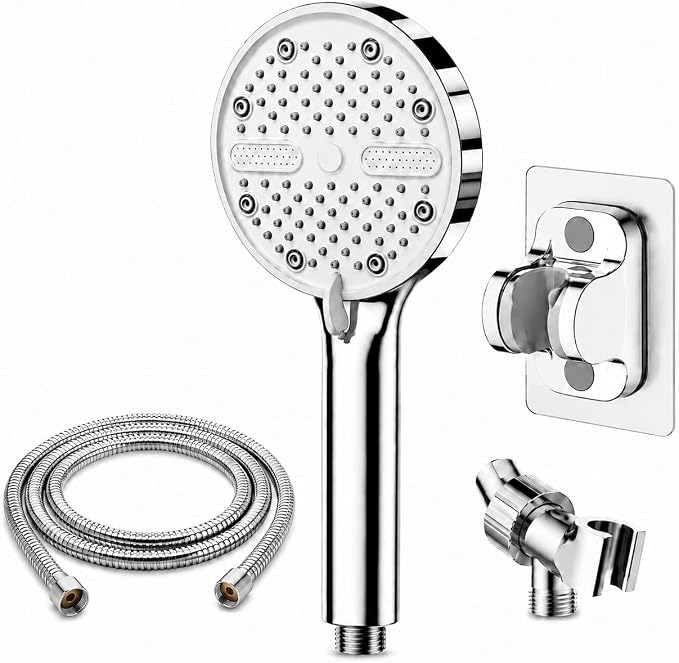 High Pressure Shower Head, Stick-on Low Mount Wall Bracket, Chrome | 5 Spray Modes, Water-Saving, 360° Adjustable Bracket, For Low Water Pressure Home, RV, Bathroom, Fix Firmly Kid-Friendly