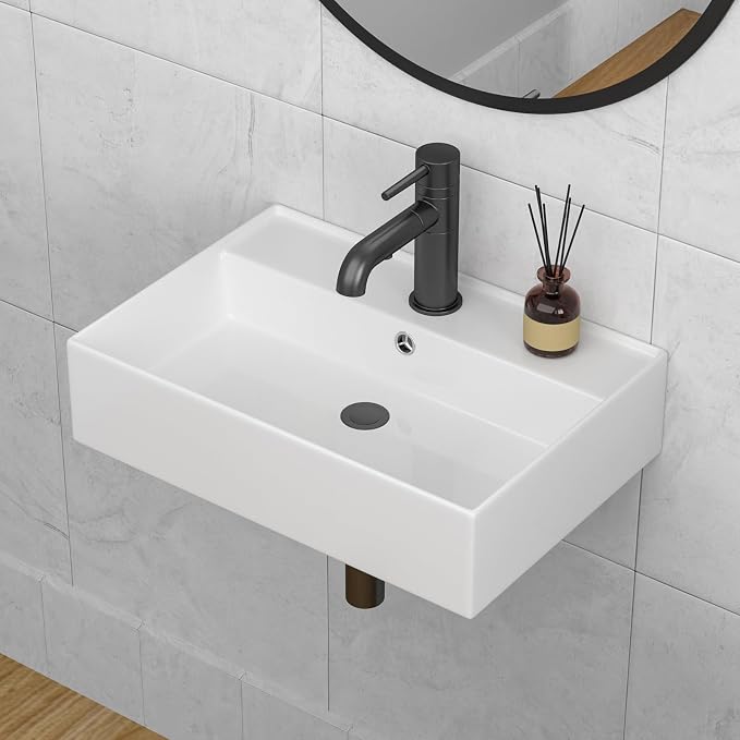 24x16 InchFloating Bathroom Sink Wall Mount Vessel Sink | Floating Wall Hung Sinks Rectangular Modern Vessel Sinks White Porcelain Lavatory Sink for Hotel & Residential Bathroom