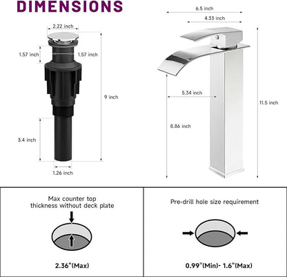Chrome Bathroom Faucet Waterfall Vessel Sink Faucet Modern Stainless Steel | Single Handle One Hole Deck Mount,Bowl Vanity Sink Faucet,with Pop-up Drain Assembly and Supply Line,Lead-Free by Bathfinesse