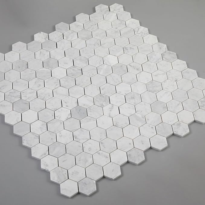 Carrara White Marble Mosaic Tile, 2 Inch Hexagon, Matte, Italian Bianco Carrera Marble Backsplash Tiles for Kitchen Bathroom Wall Floor, Pack of 5 Sheets | Natural Bianco Carrera, Marble Stone Backsplash Tiles for Kitchen, Bathroom, Shower Wall and Floor