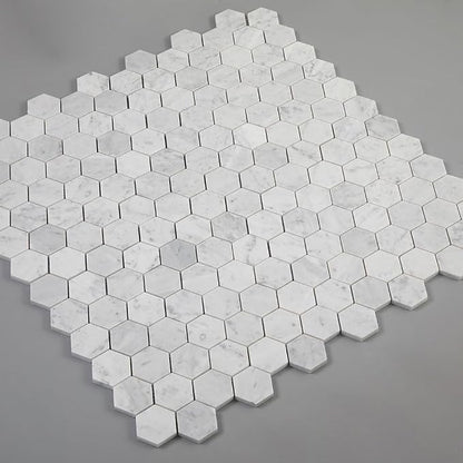 Carrara White Marble Mosaic Tile, 2 Inch Hexagon, Matte, Italian Bianco Carrera Marble Backsplash Tiles for Kitchen Bathroom Wall Floor, Pack of 5 Sheets | Natural Bianco Carrera, Marble Stone Backsplash Tiles for Kitchen, Bathroom, Shower Wall and Floor